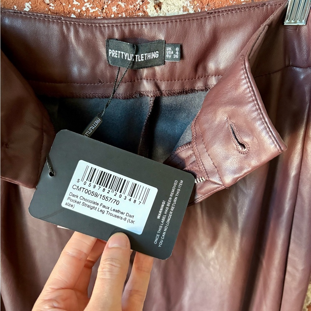 NWT Pretty Little Thing Dark Chocolate Faux Leather Straight Leg Trousers - Picture 6 of 6
